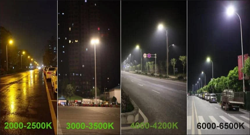 Показаны разные цветовые температуры LED-уличных светильников